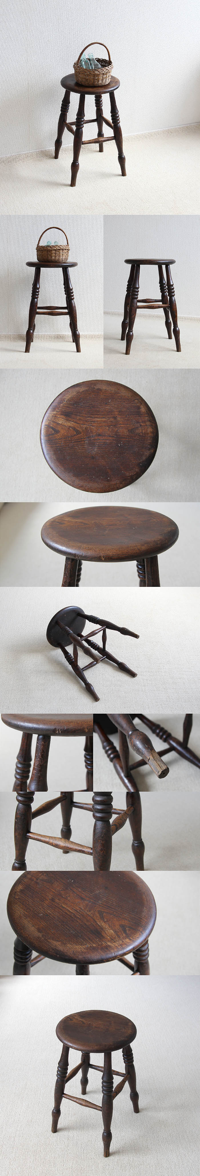 イギリス アンティーク スツール 無垢材 一枚板座面 椅子 古木 木製 家具 V-301