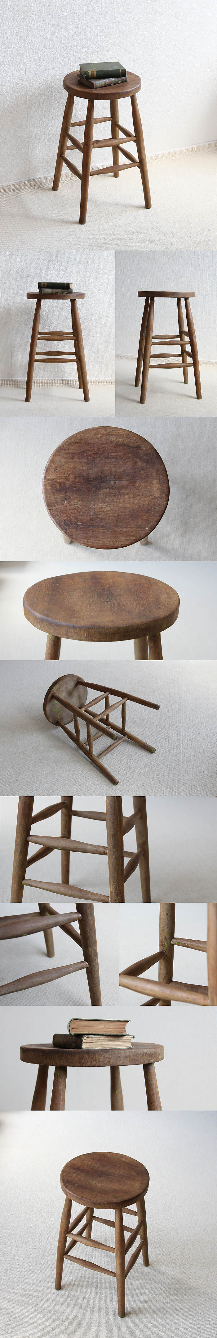 イギリス アンティーク ハイスツール 無垢材 一枚板座面 椅子 古木 木製 家具 V-302