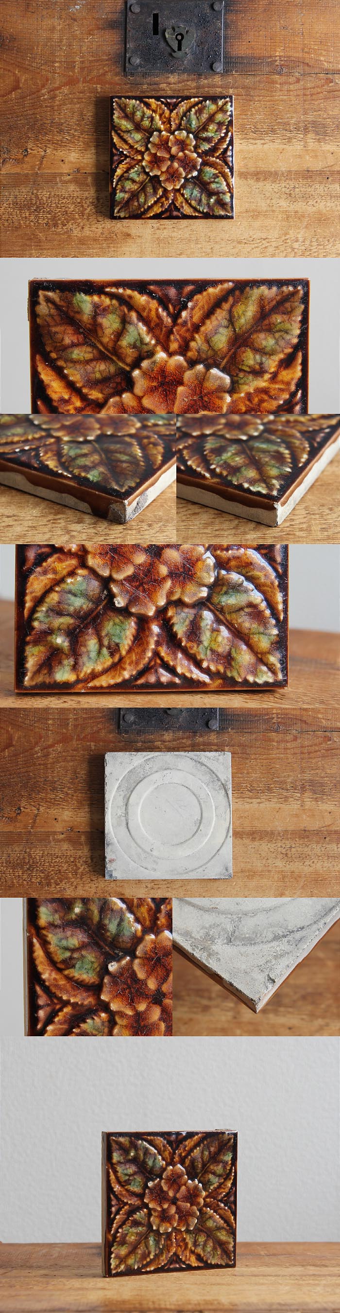 イギリス アンティーク タイル 花柄 インテリア 陶器 英国 鍋敷き 雑貨「ポットスタンド」V-442