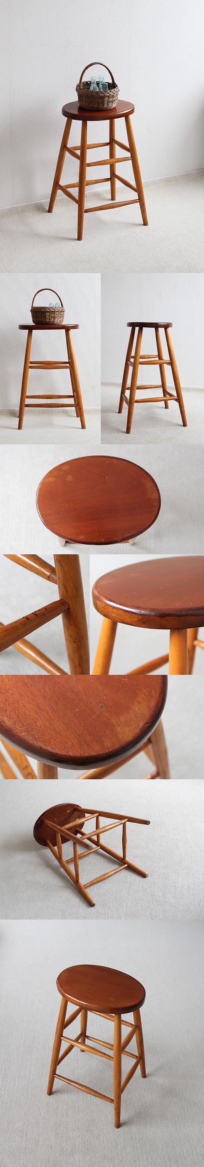 イギリス ヴィンテージ ハイスツール 木製椅子 カントリー 花台 アンティーク 家具 「一枚板座面」V-683