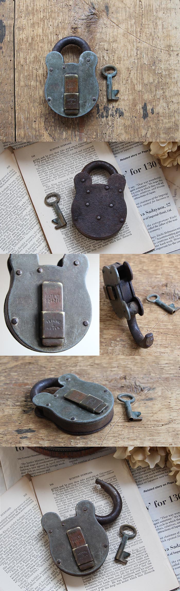 イギリス アンティーク パドロック 南京錠 鍵付き インテリア 雑貨 古道具 「可愛いくまさん型」V-852