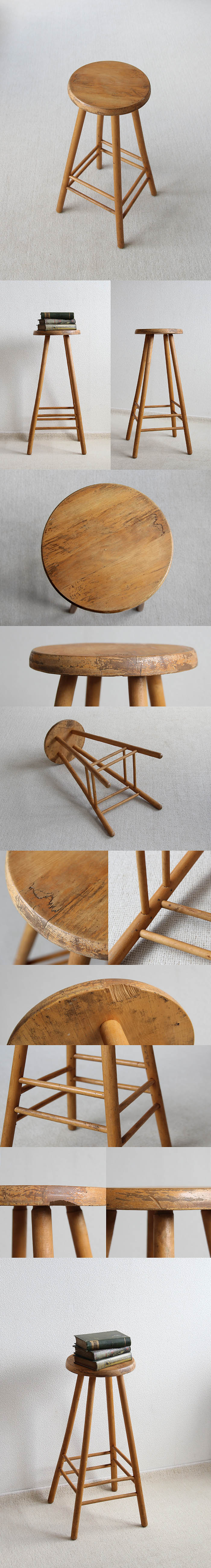 イギリス アンティーク ハイスツール 木製椅子 カントリー 花台 インテリア 家具「ナチュラル」V-921