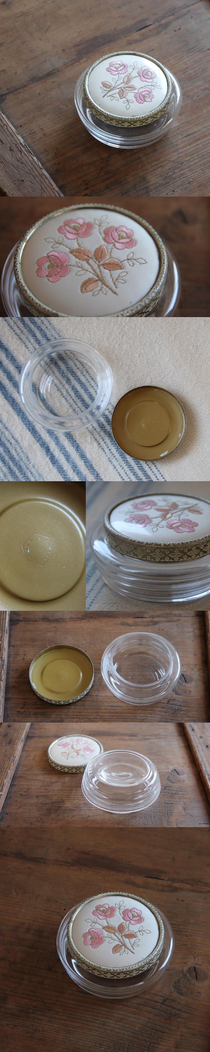 イギリス アンティーク 刺繍入りガラスジャー/パフガラスケース/小物