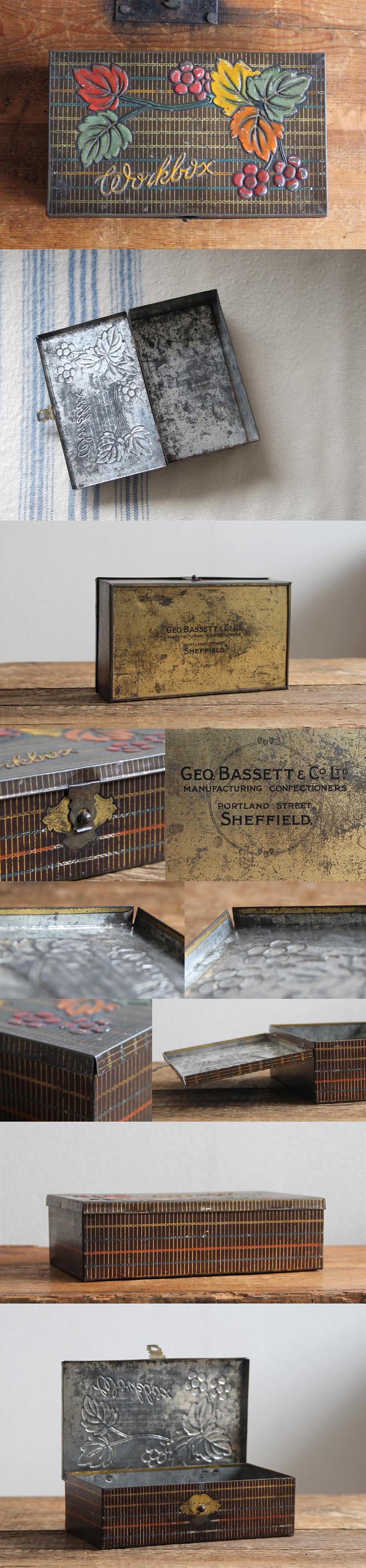 イギリスアン ティーク ティン製 ワークボックス ブリキ缶 イギリス アンティーク ブリキ製 ワークボックス/収納缶