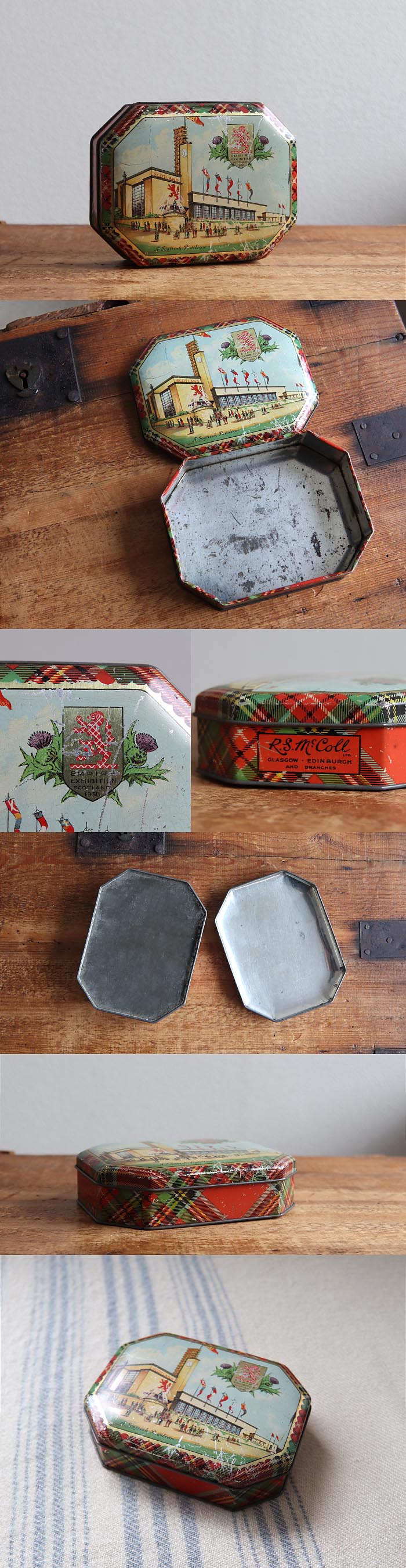 イギリス アンティーク トフィー缶/お菓子/小物入れ/R.S McColl/国際博覧会記念缶【Empire Exhibition Scotland 1938】Z-119